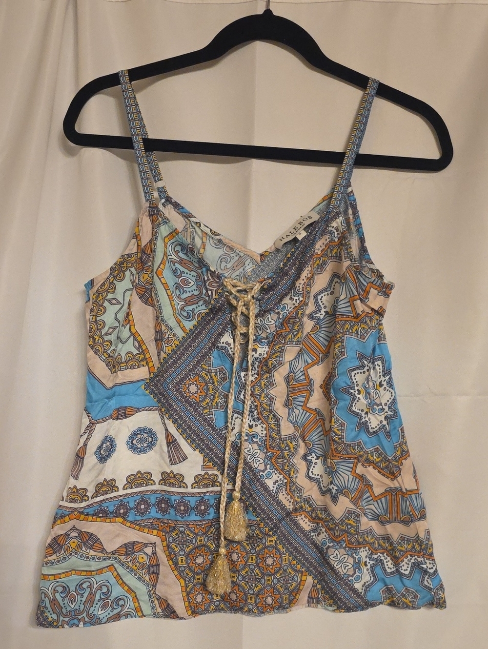 Hale Bob Silk Blend Blue, Cream & Tan Mosaic Print Tie-Front Camisole Size S